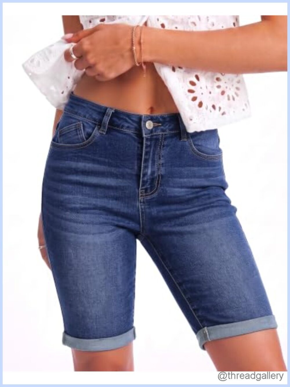 High Rise Bermuda Jean Shorts Stretchy Cuffed Hem Denim Jorts